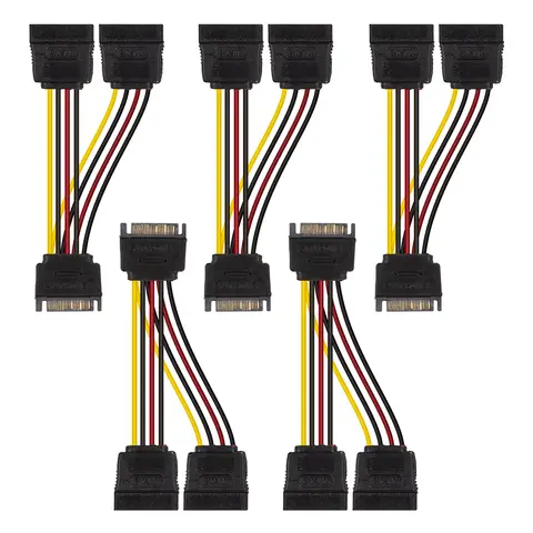 SATA Power Extension Cable, 15Pin SATA Male to Dual Female, 8inchs, Pack of 5