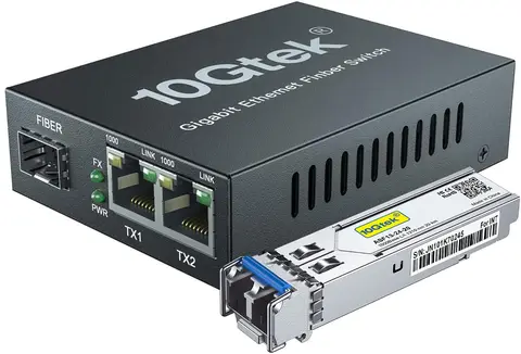 3 Ports 1.25G fiber media converter with 1 SFP Port + 2 RJ45 Ports, packed with a 1000Base-LX Module, 1000Base-LX to 10 / 100 / 1000Base-Tx, up to 20-KM