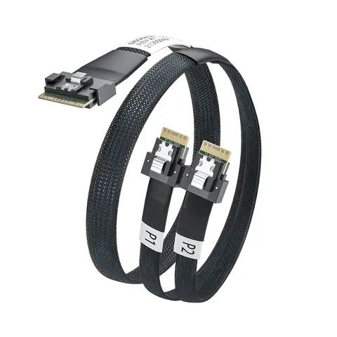 SFF-8654 to 2 SFF-8654 Internal SlimSAS Cable, Straight to Straight, 0.5m, 85 ohm, with sideband